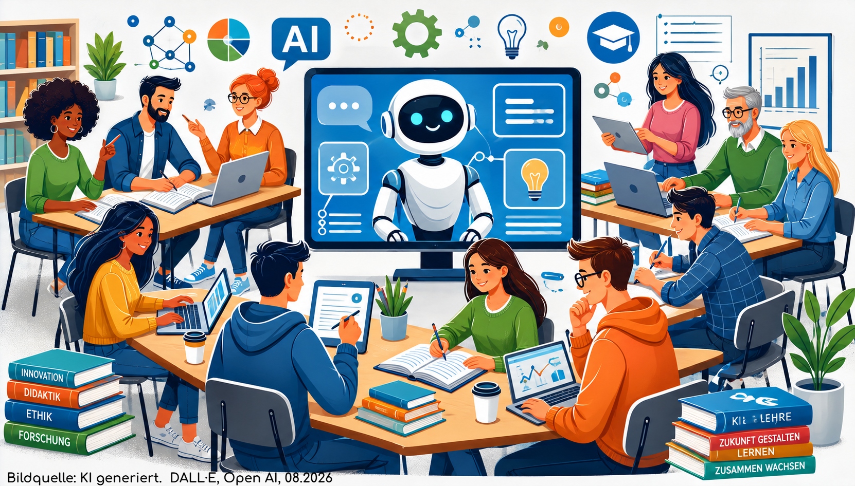 Eine Gruppe von Studierenden, die von einem Roboter unterrichtet werden.